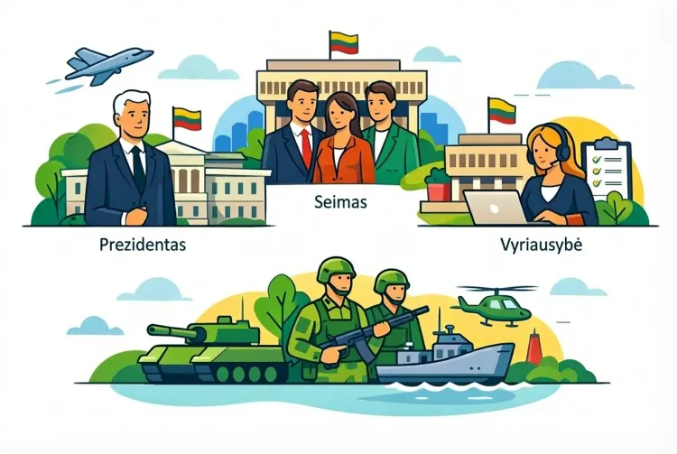 Lietuvos nacionalinio saugumo ir gynybos sistema. Visuotinės gynybos sistema. Lietuvos Respublikos Prezidentas, Lietuvos Respublikos Seimas, Lietuvos Respublikos Vyriausybė.